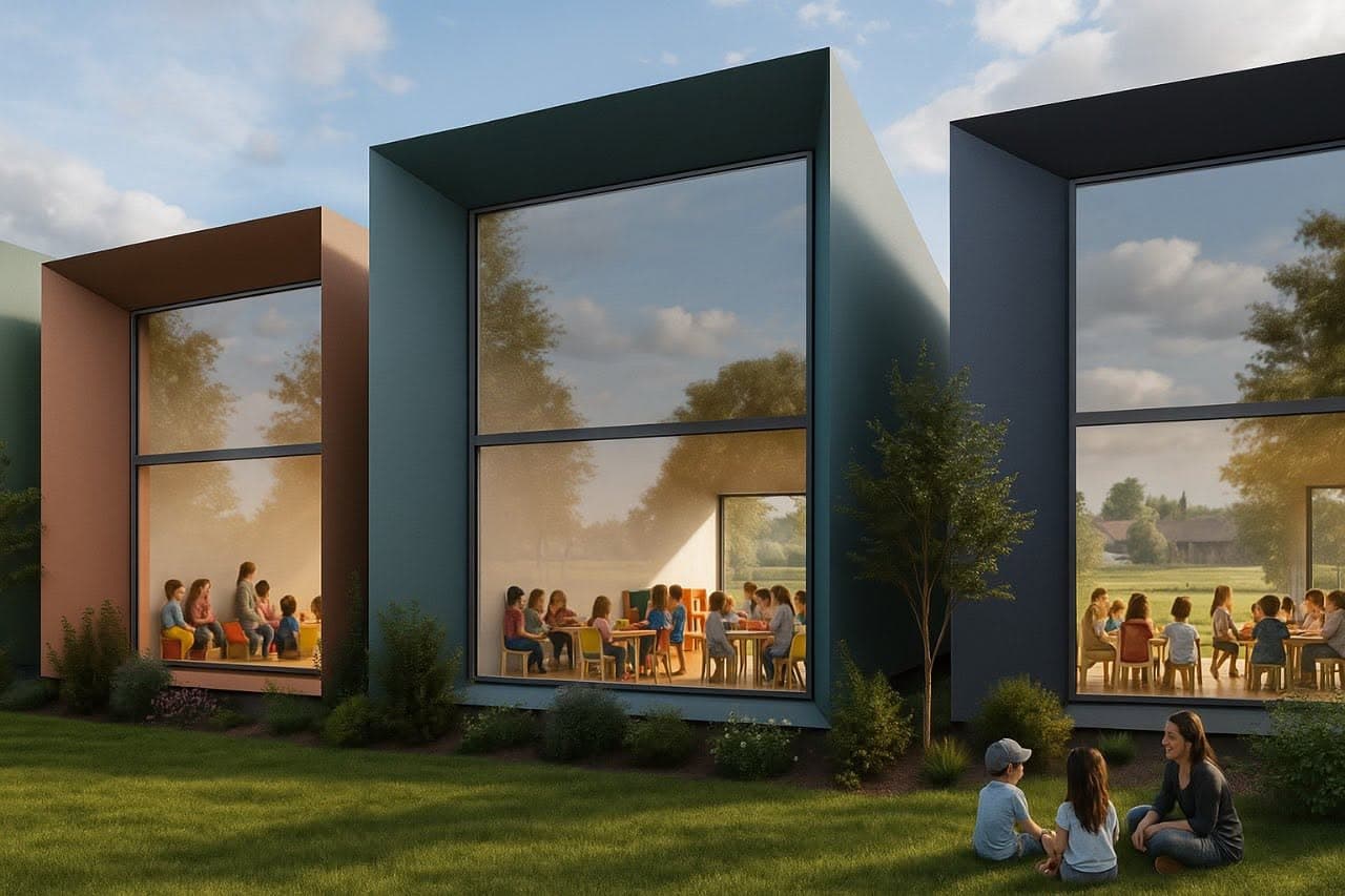 Kindergarten classrooms expressed as a sequence of coloured volumes